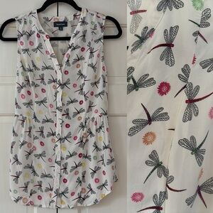 ModCloth Dragonfly Print White Tie‎ Back Sleeveless Blouse Vacation Size Small